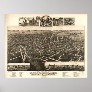 1883 Kalamazoo, MI Birds Augen Panoramablick Karte Poster