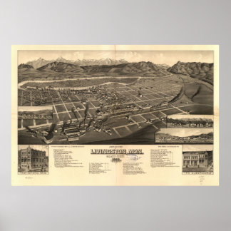 1883 Livingston, MT Birds Eye Panoramablick Karte Poster