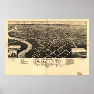 1883 Miles City, MT Birds Eye Panoramablick Karte Poster