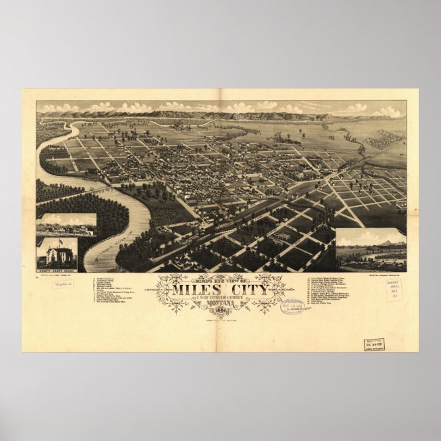 1883 Miles City, MT Birds Eye Panoramablick Karte Poster (Vorne)