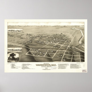 1883 Watertown, SD Birds Eye Panoramablick Karte Poster