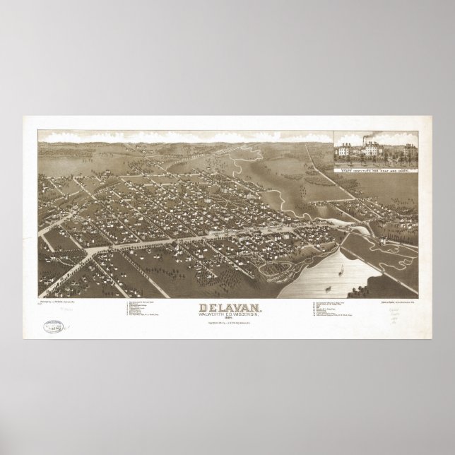 1884 Delavan, WI Birds Eye Panorama Karte Poster (Vorne)