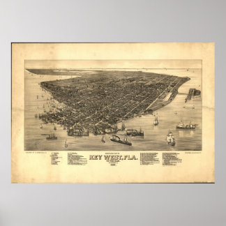 1884 Key West, FL Birds Eye Panoramablick Karte Poster