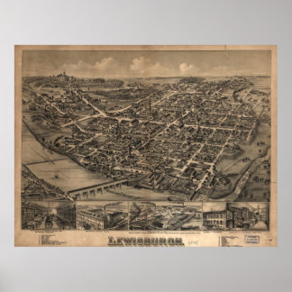 1884 Lewisburgh, PA Birds Eye Panoramablick Karte Poster