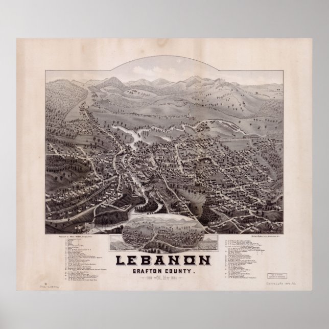 1884 Libanon, NH Birds Eye Panoramablick Karte Poster (Vorne)