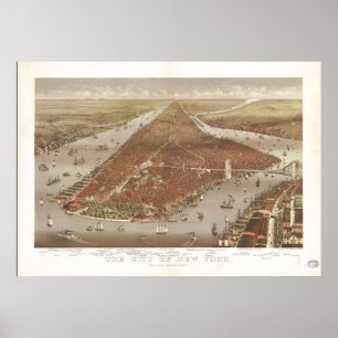 1884 New York City NY Birds Eye Panoramablick Kart Poster