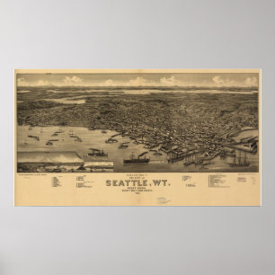 1884 Seattle, WA Birds Eye Panoramablick Karte Poster