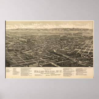 1884 Walla Walla, WA Birds Eye Panoramablick Karte Poster