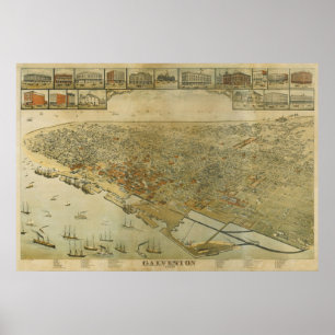 1885 Galveston, TX Birds Eye Panoramablick Karte Poster