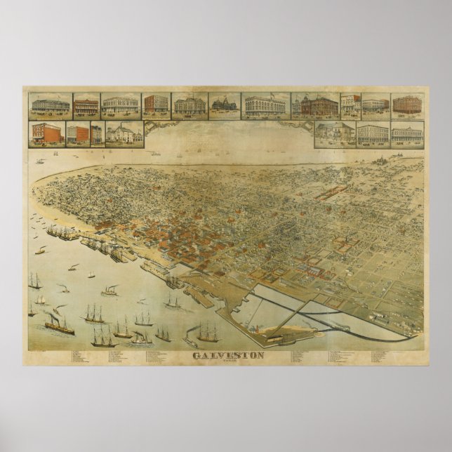 1885 Galveston, TX Birds Eye Panoramablick Karte Poster (Vorne)