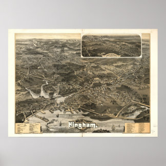 1885 Hingham, MA Birds Eye Panoramablick Karte Poster
