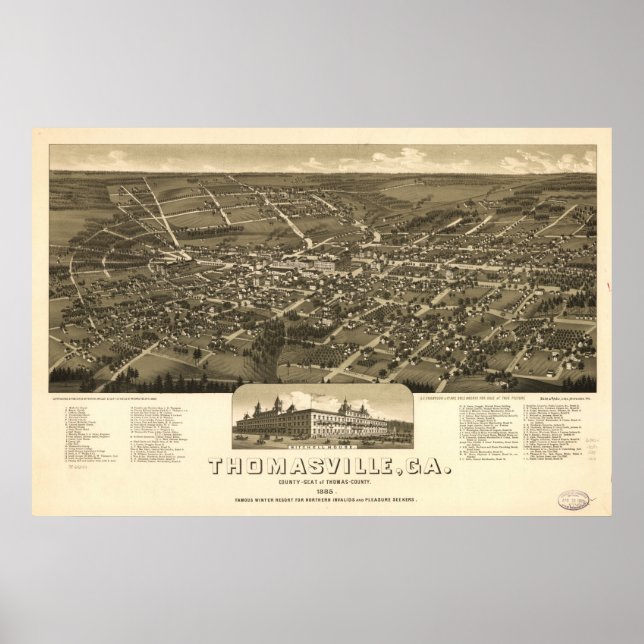 1885 Thomasville, GA Birds Eye Panoramablick Karte Poster (Vorne)