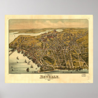 1886 Beverly, MA Birds Eye Panoramablick Karte Poster