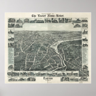1886 Exeter, NH Birds Eye Panoramablick Karte Poster
