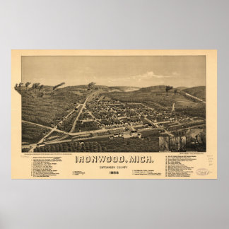1886 Ironwood, MI Birds Eye Panoramablick Karte Poster