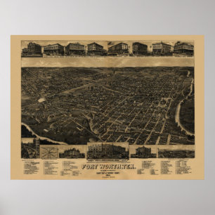 1886 Karte von Fort Worth, TX Vogel-Augen-Ansicht Poster
