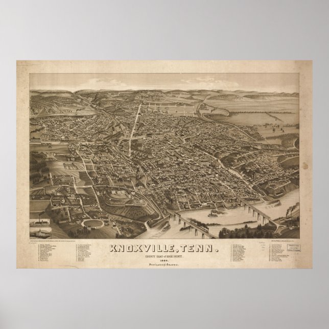 1886 Knoxville, TN Birds Eye Panoramablick Karte Poster (Vorne)