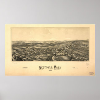 1886 Westford, MA Birds Eye Panorama Karte Poster
