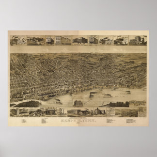 1887 Memphis, TN Birds Eye Panoramablick Karte Poster
