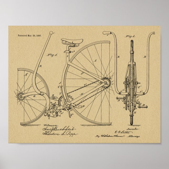 1887 Vintages Fahrraddesign Patentschrift Art Prin Poster (Vorne)