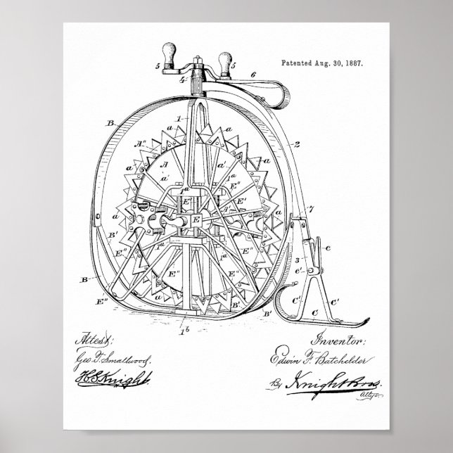 1887 Vintages Fahrradpatent für hohe Räder Poster (Vorne)