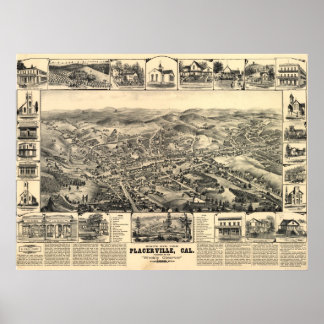1888 Placerville CA Birds Eye Panoramablick Karte Poster