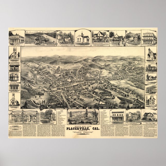 1888 Placerville CA Birds Eye Panoramablick Karte Poster (Vorne)