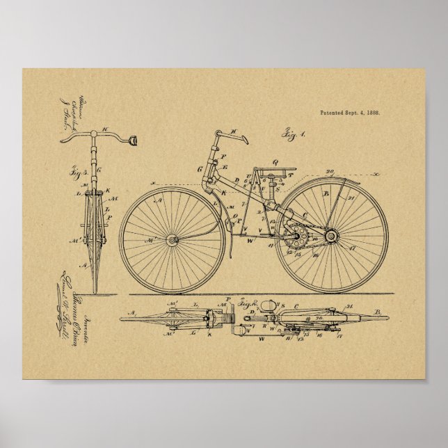 1888 Vintages Fahrraddesign Patentschrift Art Prin Poster (Vorne)