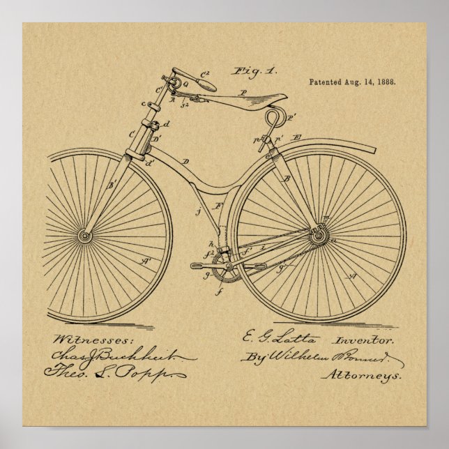 1888 Vintages Fahrraddesign Patentschrift Art Prin Poster (Vorne)