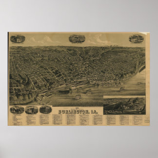 1889 Burlington, IA Birds Eye Panoramablick Karte Poster