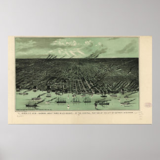 1889 Detroit, MI Birds Augen Panoramablick Karte Poster