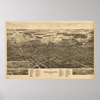 1889 Findlay, OH Vögel Augen Ansicht Panoramablick Poster