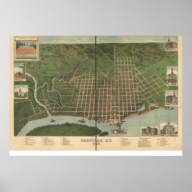 1889 Paducah, KY Birds Eye Panoramablick Karte Poster (Vorne)
