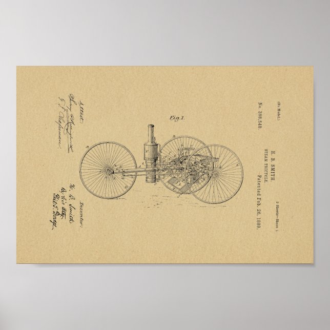 1889 Vintage Dampftricycle Patentschrift Art Print Poster (Vorne)
