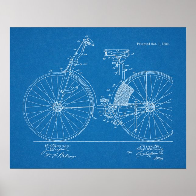 1889 Vintages Fahrrad Patent Blueprint Art Print Poster (Vorne)
