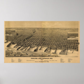 1890 Ashland, WI Birds Eye Panorama Karte Poster