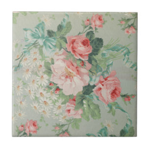 1890 britischer Vintage-Stoff Rosen & Gänseblümche Fliese