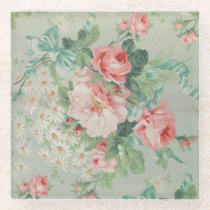 1890 britischer Vintage-Stoff Rosen & Gänseblümche Glasuntersetzer