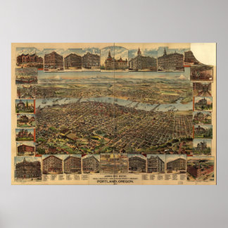 1890 Portland, OR Birds Eye Panoramablick Karte Poster