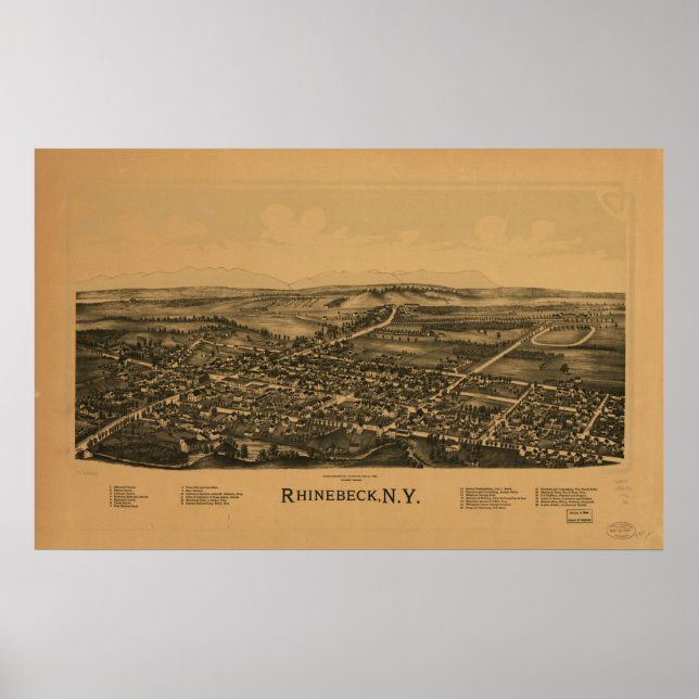 1890 Rhinebeck, New Birds Eye Panoramablick Karte Poster (Vorne)