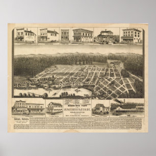 1890 Snohomish, WA Birds Eye Panorama Karte Poster