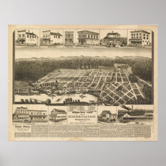 1890 Snohomish, WA Birds Eye Panorama Karte Poster
