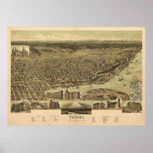 1890 Tacoma, WA Birds Eye Panorama Karte Poster