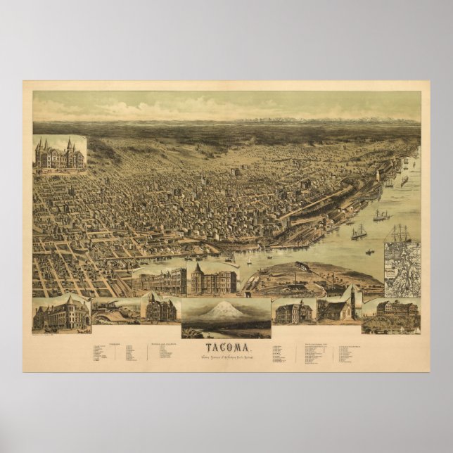 1890 Tacoma, WA Birds Eye Panorama Karte Poster (Vorne)