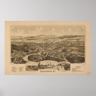 1890 Vergennes, VT Bird's Eye View Panorama Karte Poster