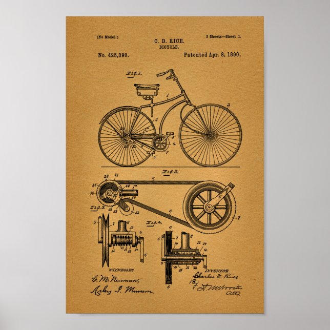 1890 Vintage Fahrradgeere Patentschrift Art Print Poster (Vorne)