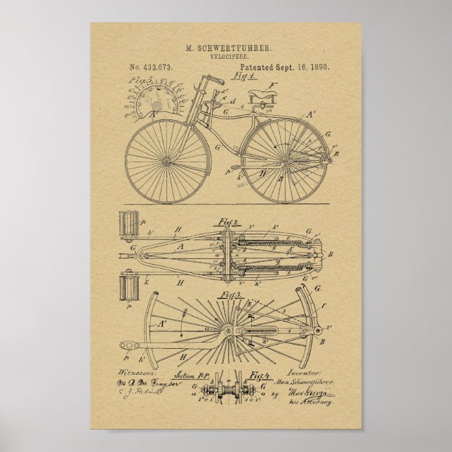 1890 Vintager Fahrradleber Design Patent Art Print Poster (Vorne)