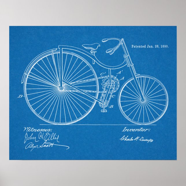 1890 Vintages Fahrrad Patent Blueprint Art Print Poster (Vorne)