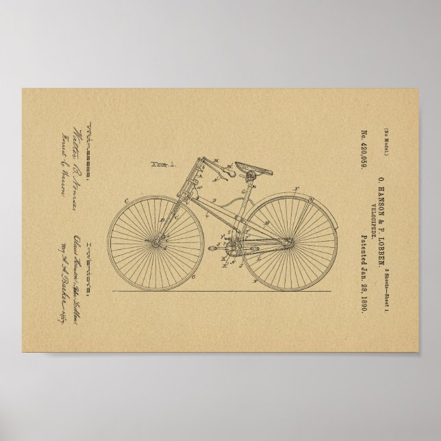 1890 Vintages Fahrrad Velocipede Patent Art Printw Poster (Vorne)