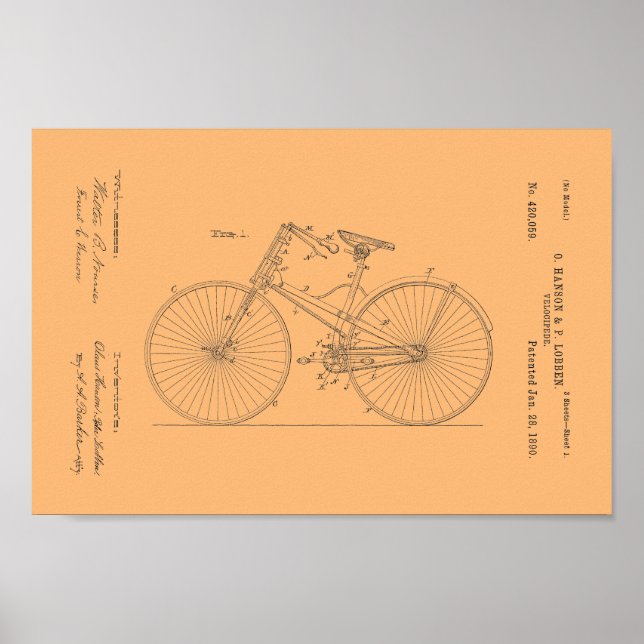 1890 Vintages Fahrrad Velocipede Patentschrift Poster (Vorne)